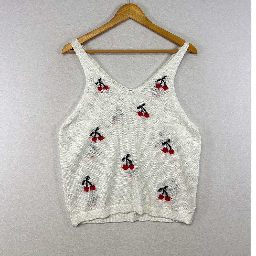 Francescas White Cherry Knit Tank Top Womens Size XL V Neck Sleeveless Summer